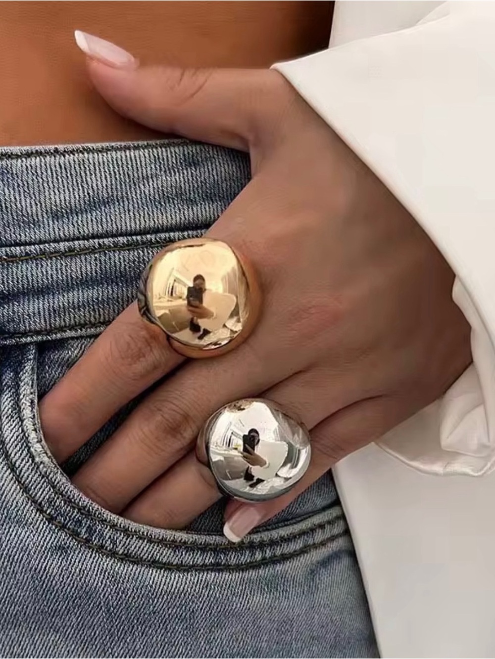 Zara Set of 2 Minimalist Dome Statement Ring in Gold and Silver NWOT